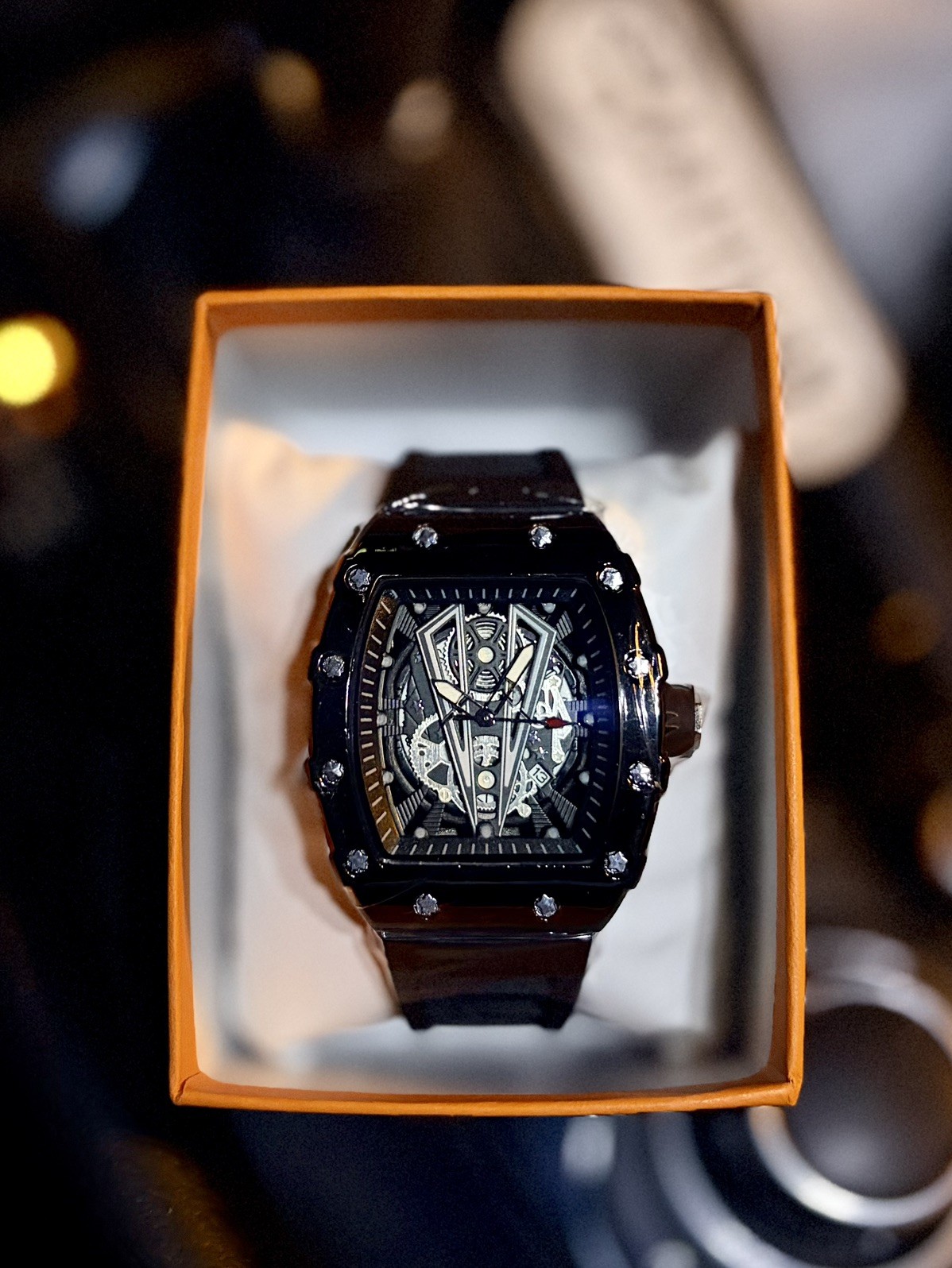 Tonneau Quartz Skeleton Dial Analog Watch Silver Case Black Rubber Strap Box