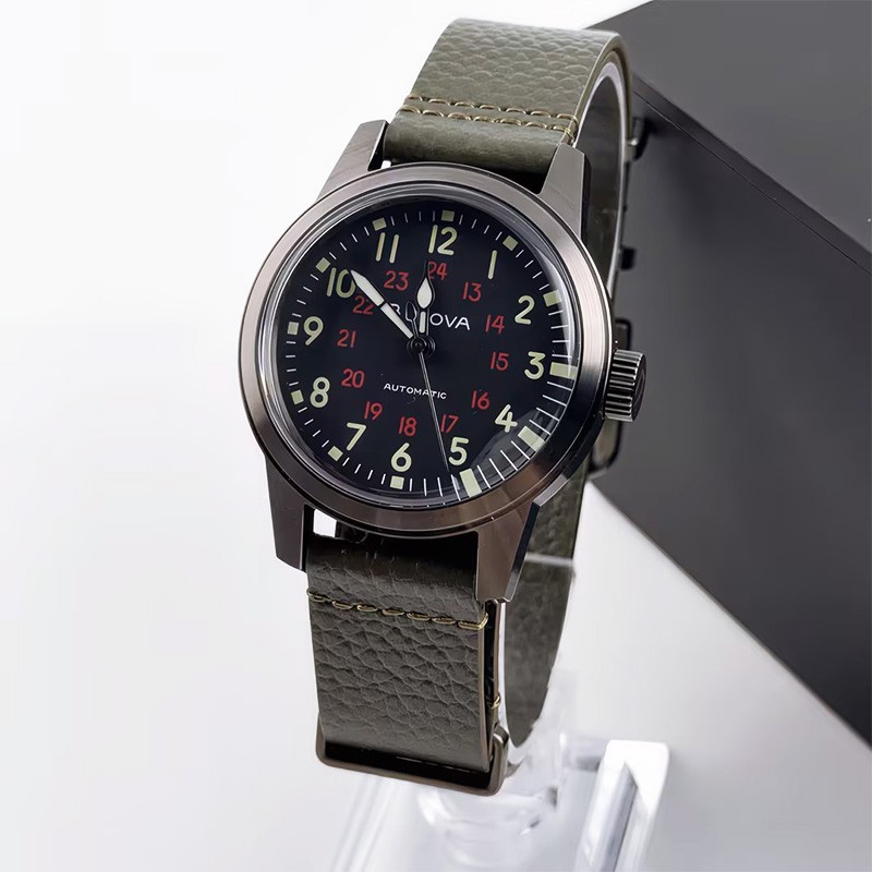 Bulova Hack 98A255 Black Dial Green Leather Strap Men’s Automatic Watch 38MM