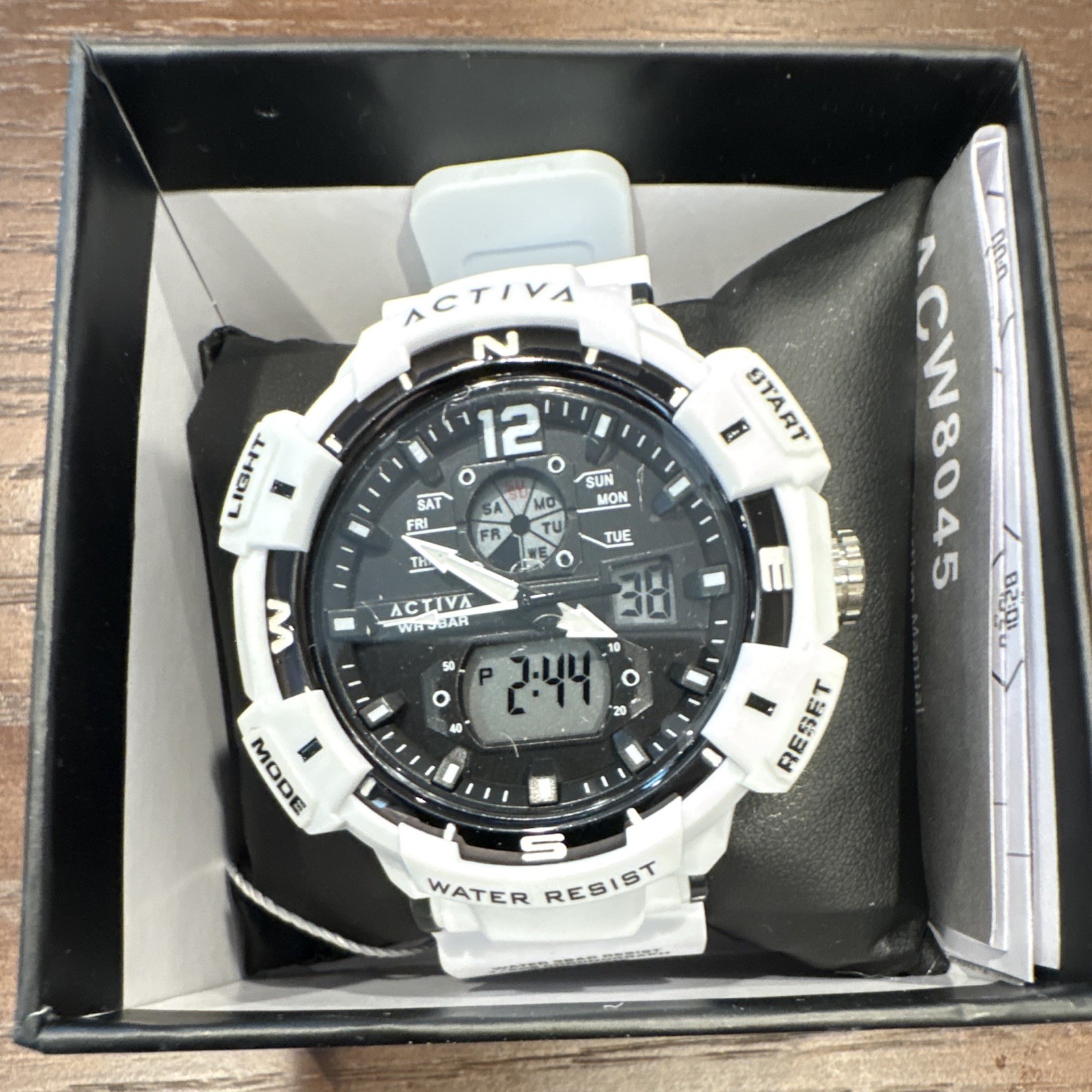 Activa Analog-Digital Quartz Sport Watch 30m White Resin Strap Black Dial Box
