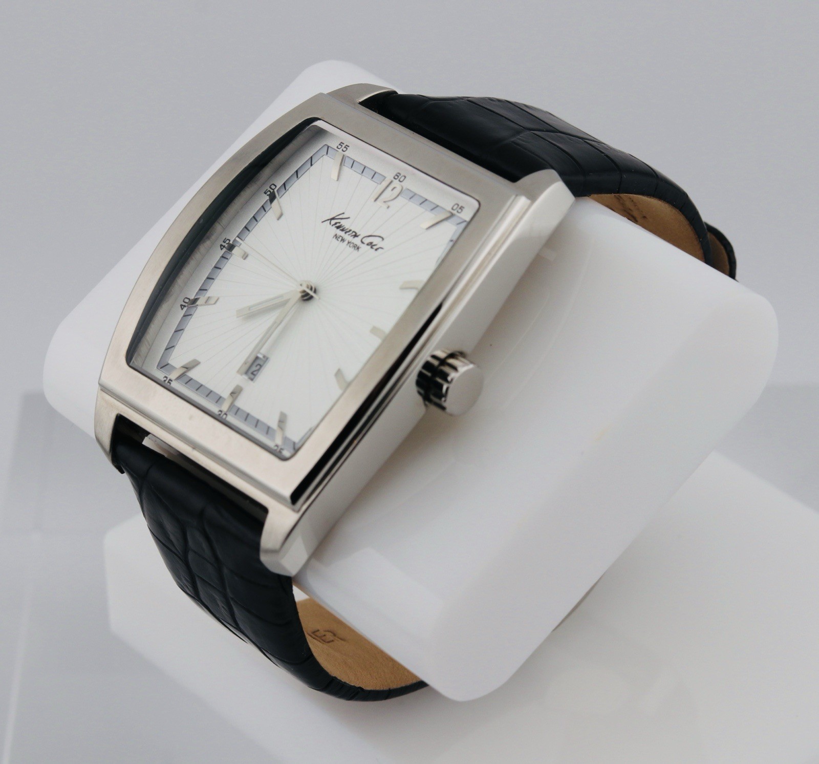 Kenneth Cole White Dial Black Leather Silver Tonneau Stainless Steel Watch (73)