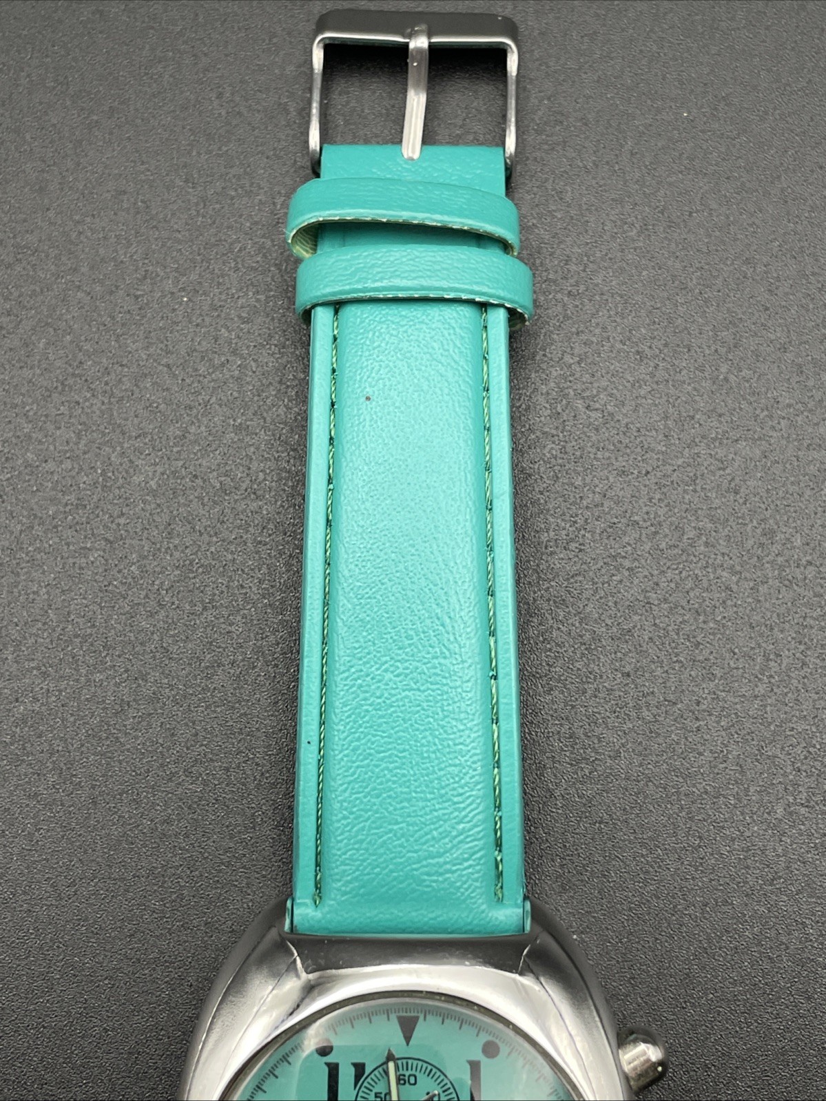 Geneva Chronograph Green Round Silver Tone Case Green Faux Leather Band Watch