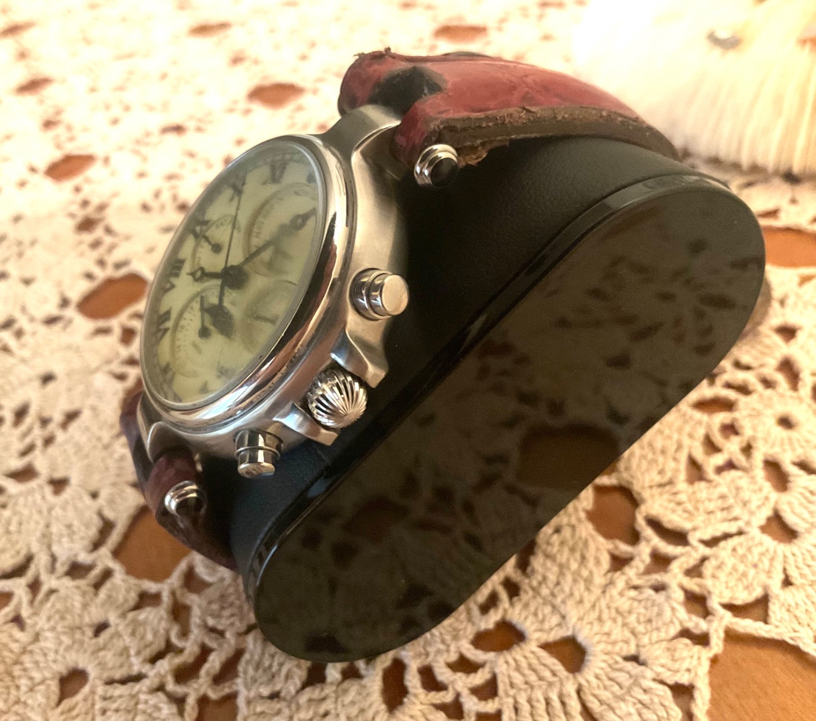 Stauer Graves ‘33 Watch Cream Dial Silver Case, Moon Phase, Auto, New Strap Incl