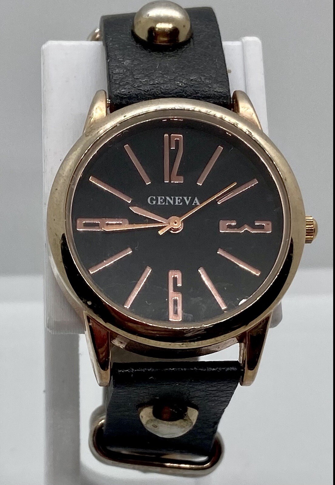 NEW NOS Geneva Ladies Watch W/New Battery Black Jeweled Studded Snap Band
