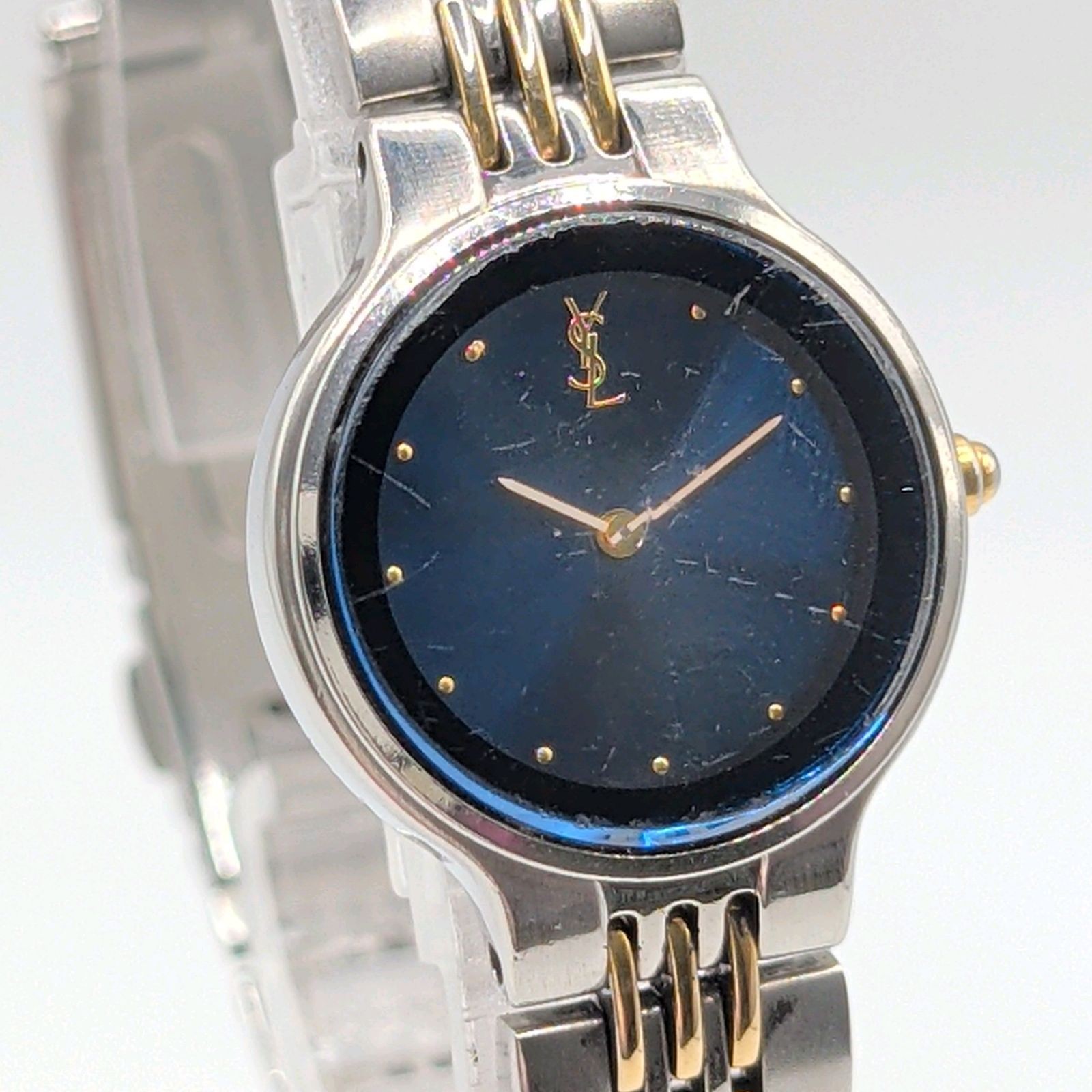 Yves Saint Laurent 5421-H10058 Y Cut Glass Quartz Silver Blue Dial Wristwatch