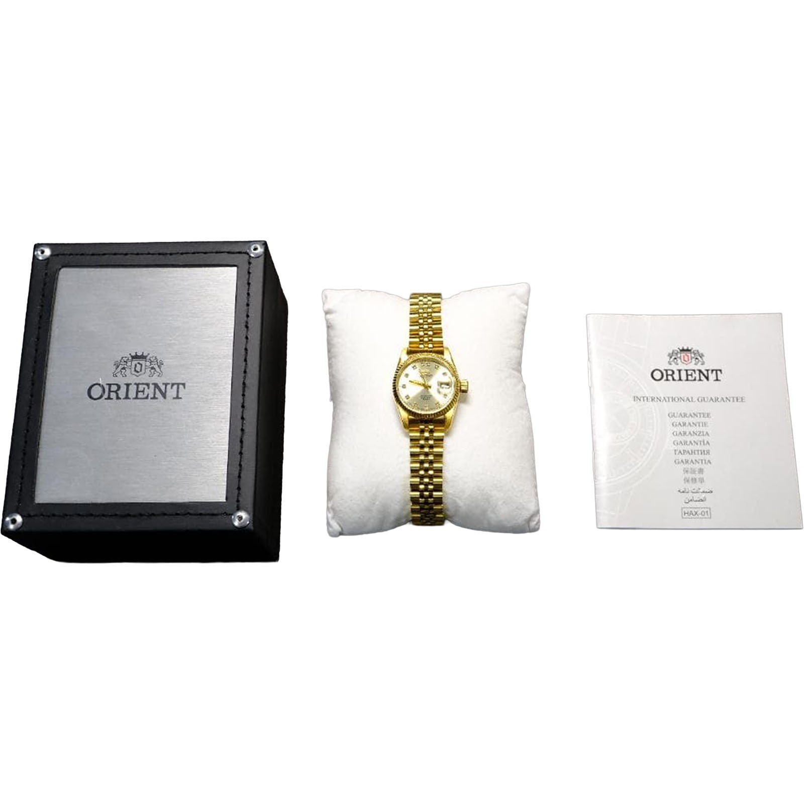 ORIENT President Automatic Ladies Gold Tone Sapphire Watch NR16 Day Date Auth JP