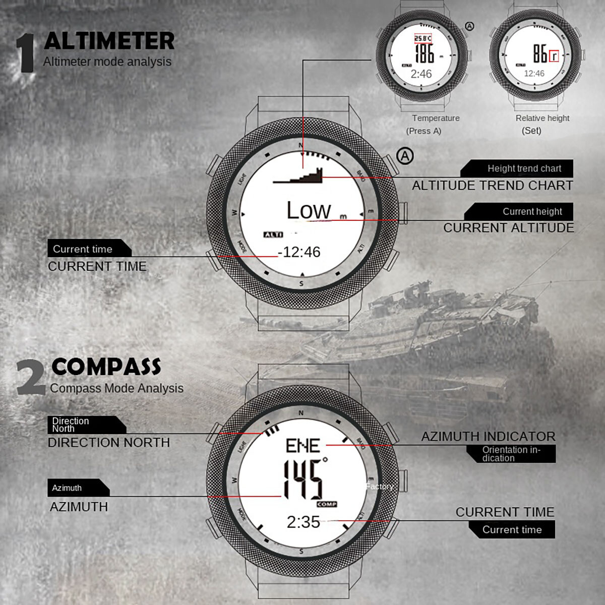 Men Outdoor Sport Tactical Smart Watch Altimeter Barometer Compass WristWatch