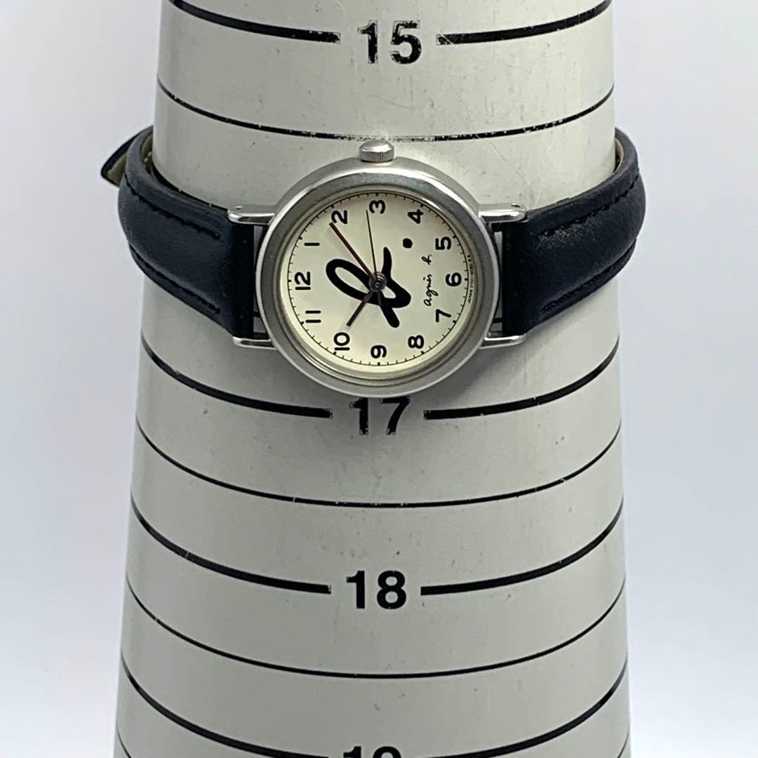 Agnes b. Quartz Analog Watch Black Leather Band Ivory Dial V701-6850