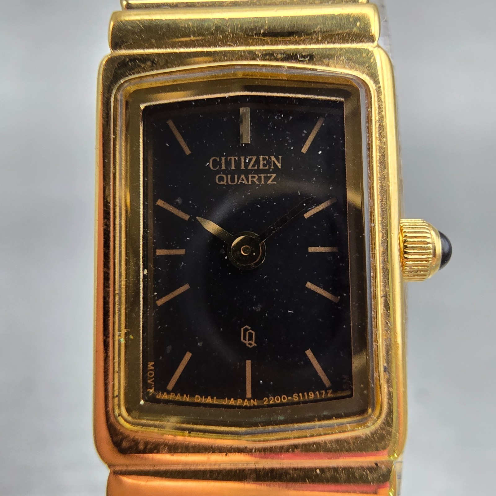 Citizen CQ Watch Women 13mm Black Dial Gold Tone Rectangle 2200-S11917 New Batt