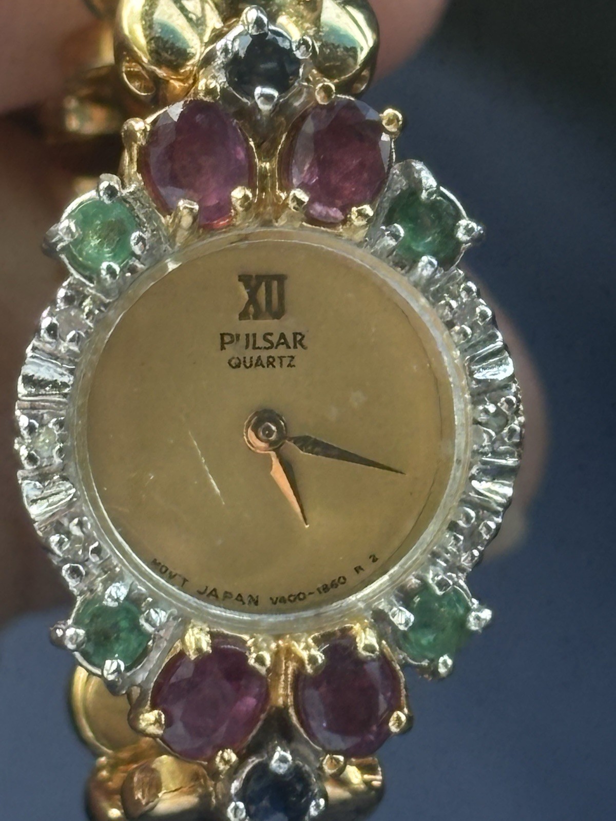 Vtg Pulsar Watch Women Ruby Sapphire Emerald Diamond V400-L312 7.25″