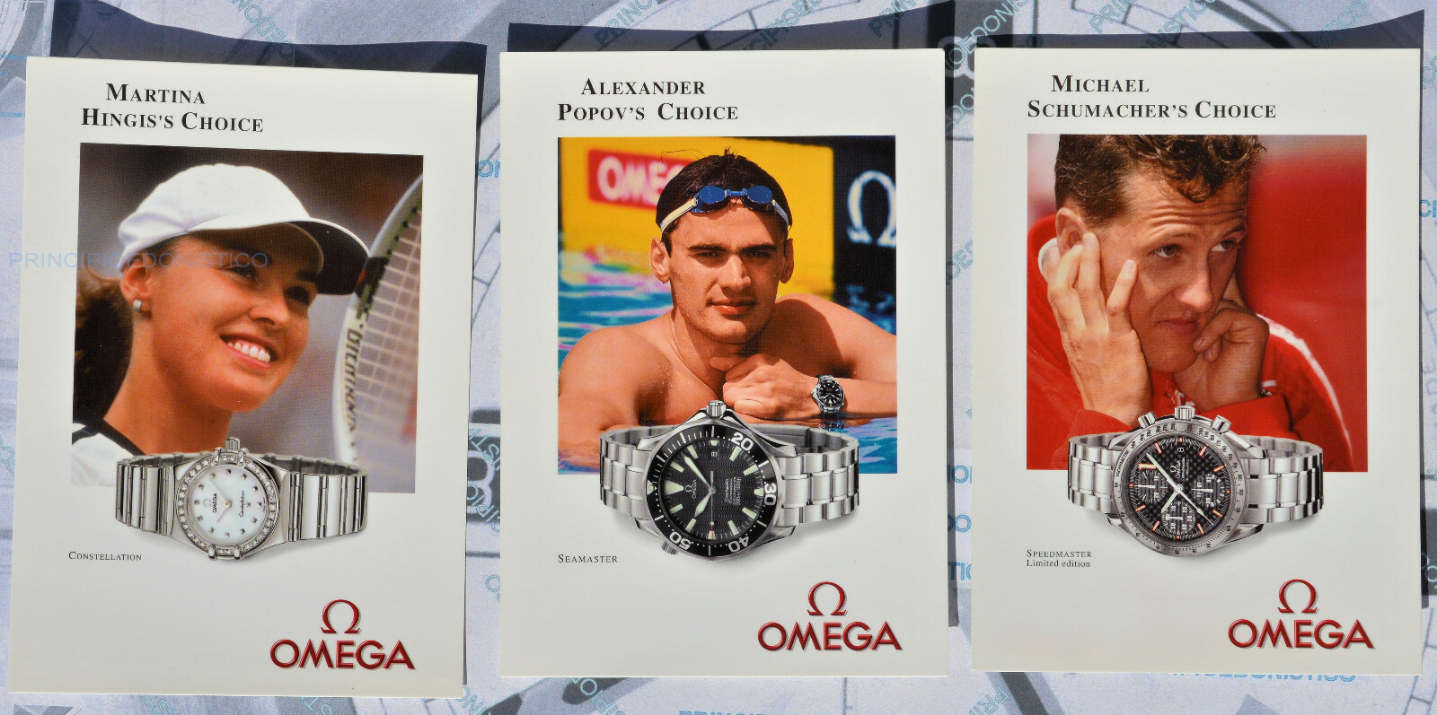 Set Of 3 Rare Cards OMEGA Period Years’ 90 New With Hingis Popov Schumacher
