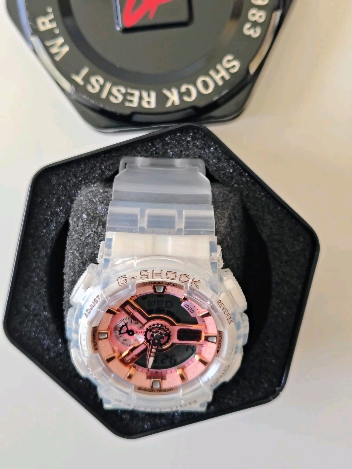 Casio G-SHOCK Analog-Digital Clear Resin Pink/Gray Dial 200m Quartz w/ Tin