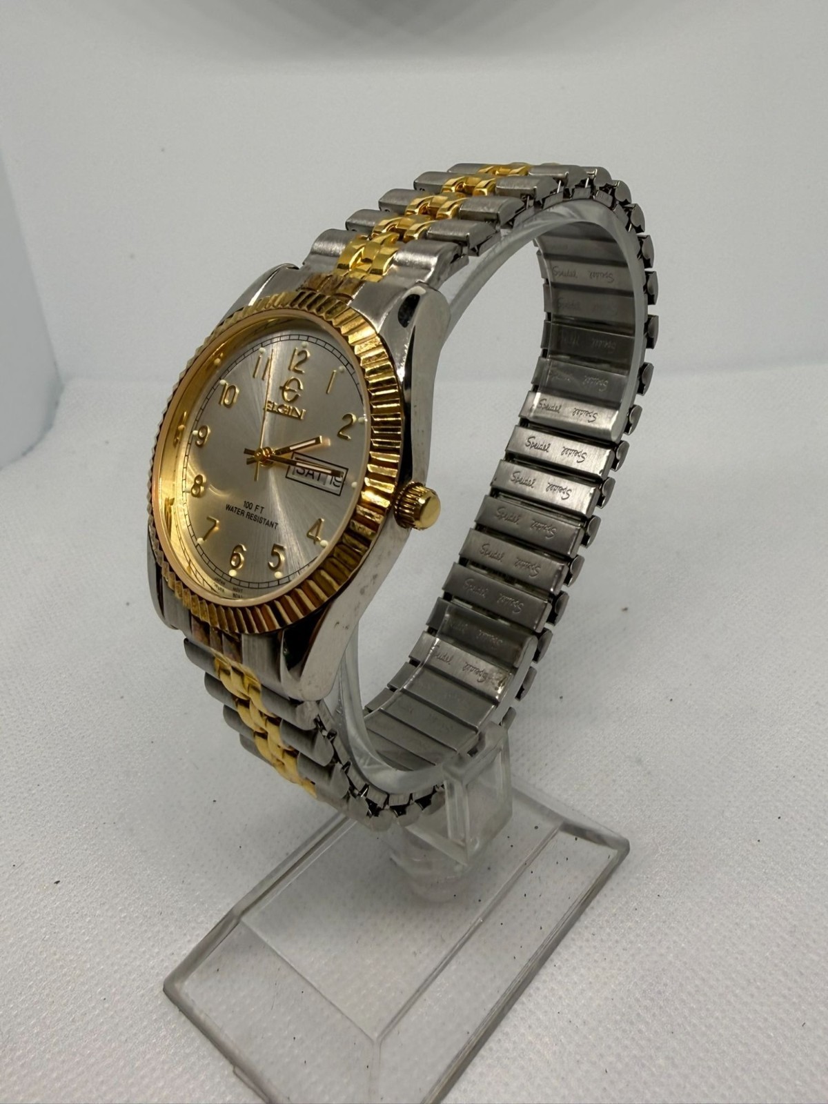 Elgin Men’s President-Style Day-Date Watch Two-Tone Fluted Bezel Silver Dial