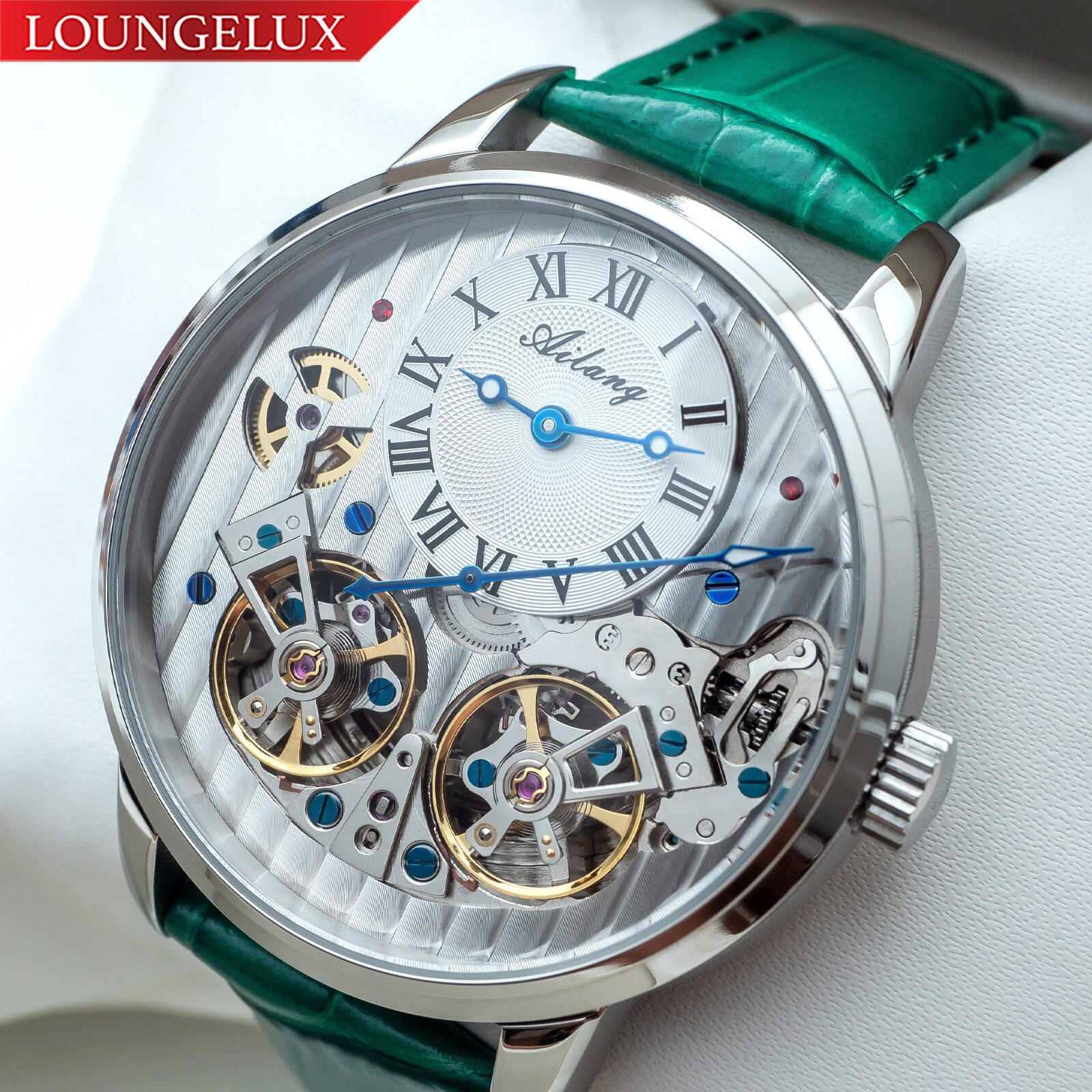 Mens Double Flywheel Automatic Mechanical Watch Silver White Dial Green Leather
