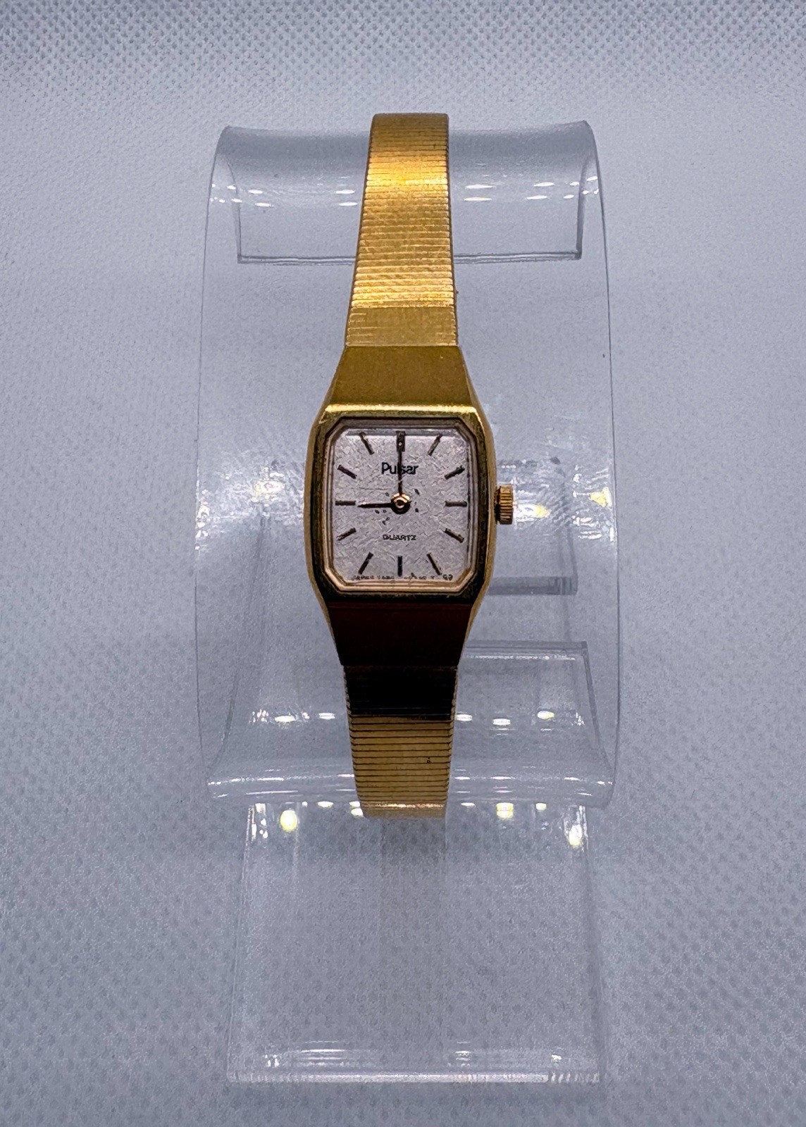 Vtg Pulsar Women Watch Gold Tone Rectangle Y580-5389 Quartz 10mm Mesh Band Dress