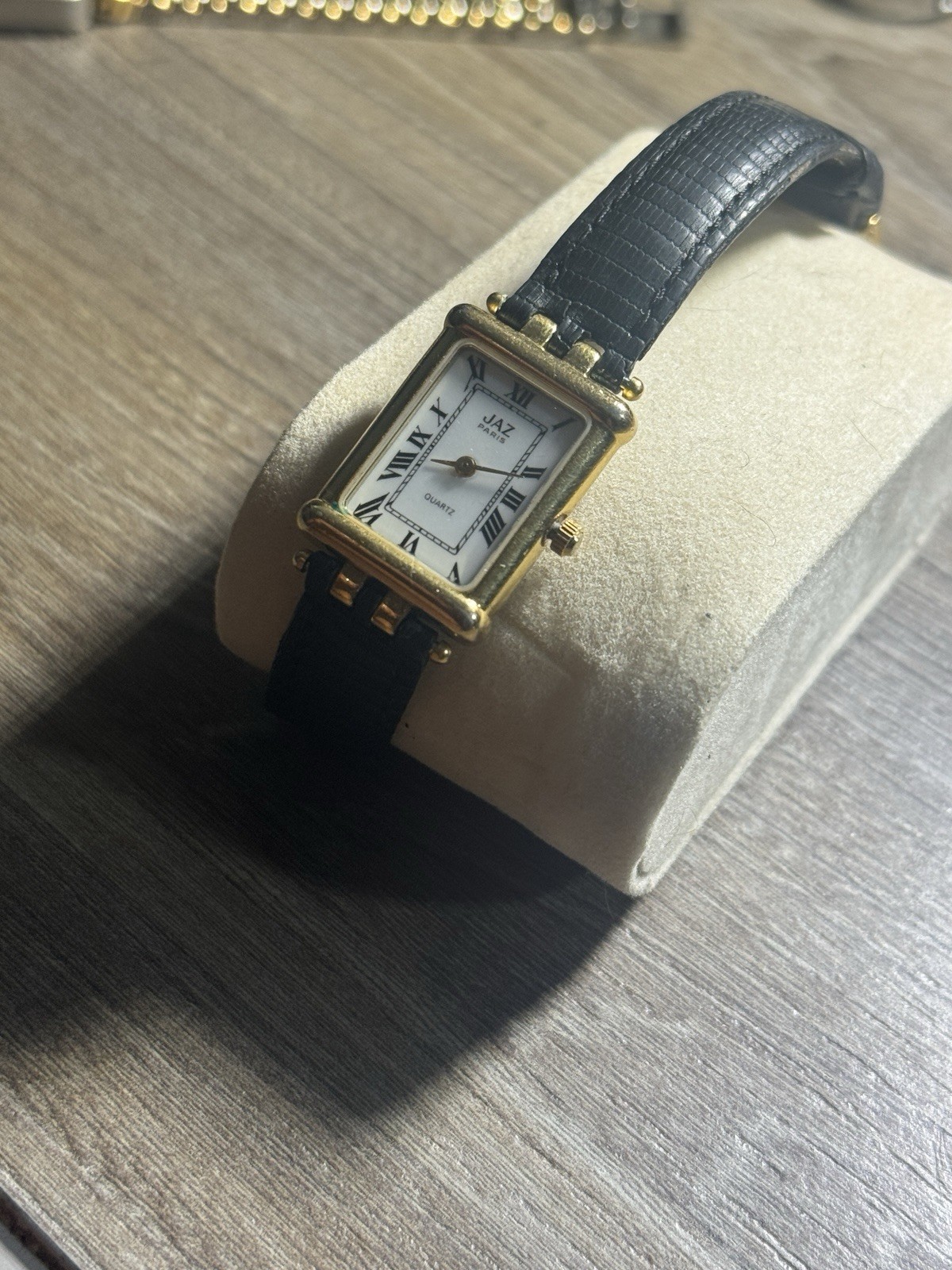 Jaz Paris Quartz Women’s Rectangle Gold Tone Case Black Leather Strap White Dial