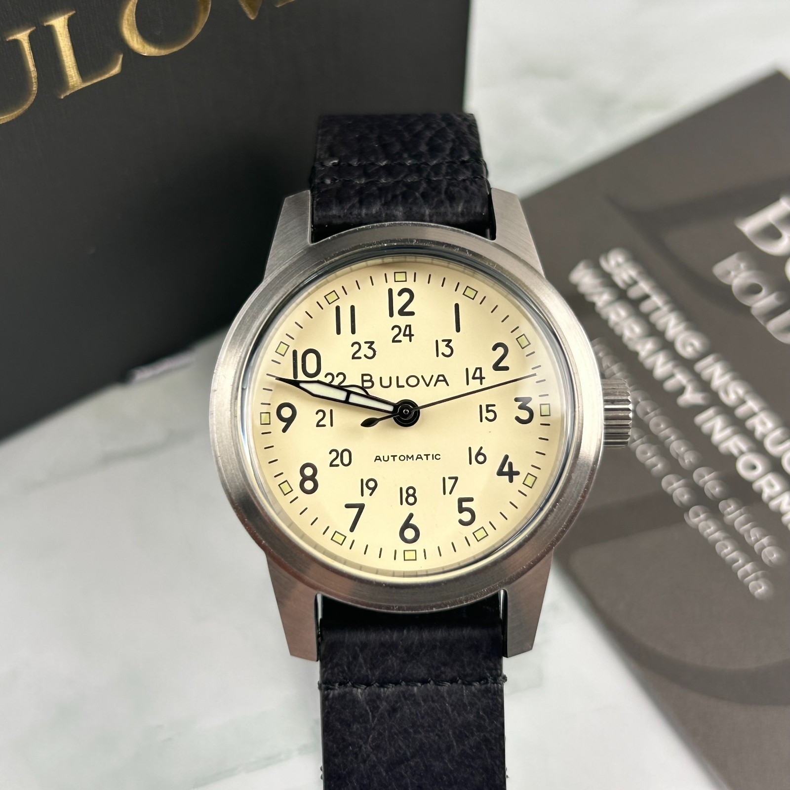 Bulova Men’s Hack Watch 96A246 Ivory Dial Automatic Black Leather Strap New 38mm