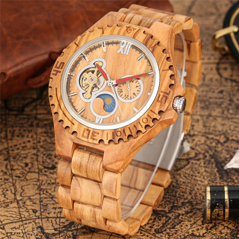 Men’s Wooden Automatic Watch Full Wooden Bracelet Wristwatch Folding Clasp Gifts