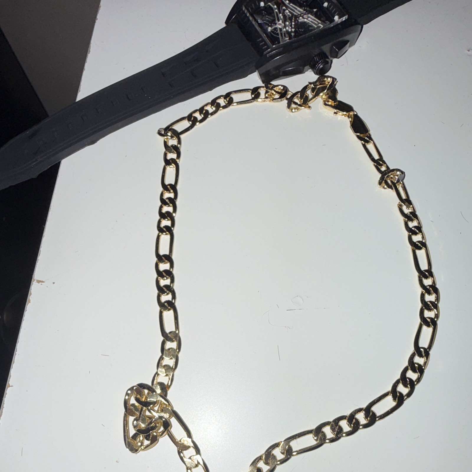 Triple set! Skeleton Wristwatch, 7mm 24 inches 14k gold plated chain, glasses