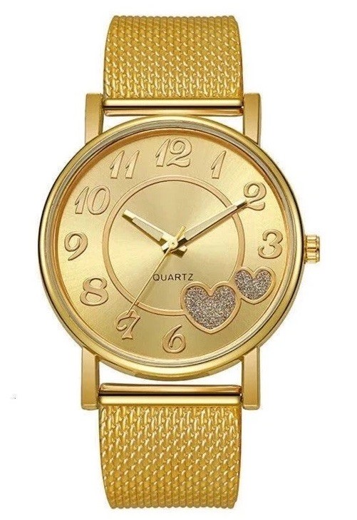 Women’s Gold Analog Wristwatch, Metal Band, Heart Dial, Arabic Numerals