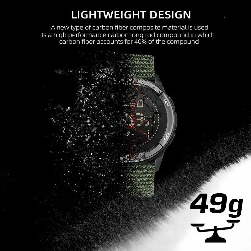 Men Digital Carbon Fiber Sports Watch Military Waterproof 50M Compass Pedometer