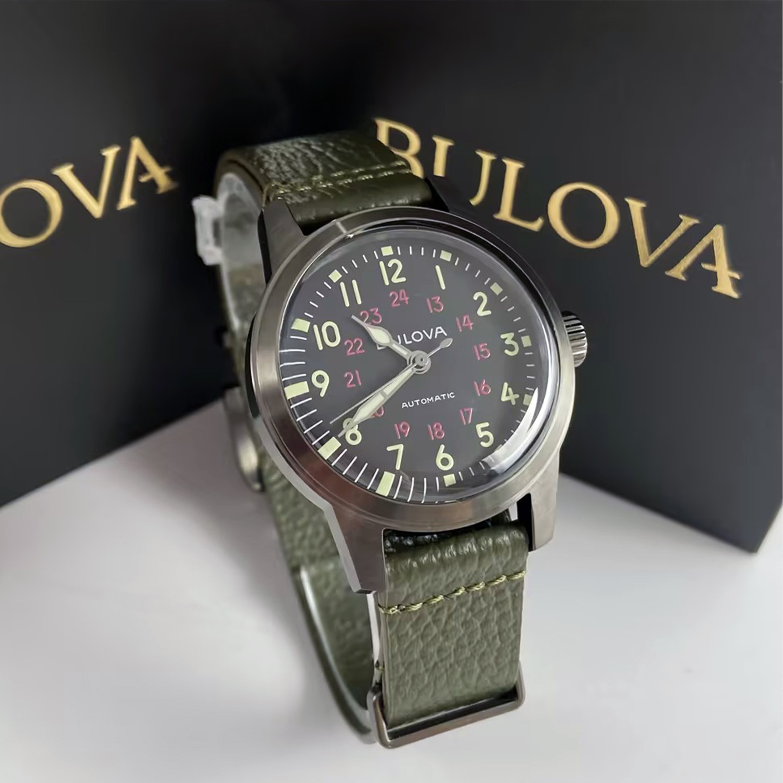 Bulova Special Edition 98A255 Black Dial Green Leather Men Automatic Watch 38MM