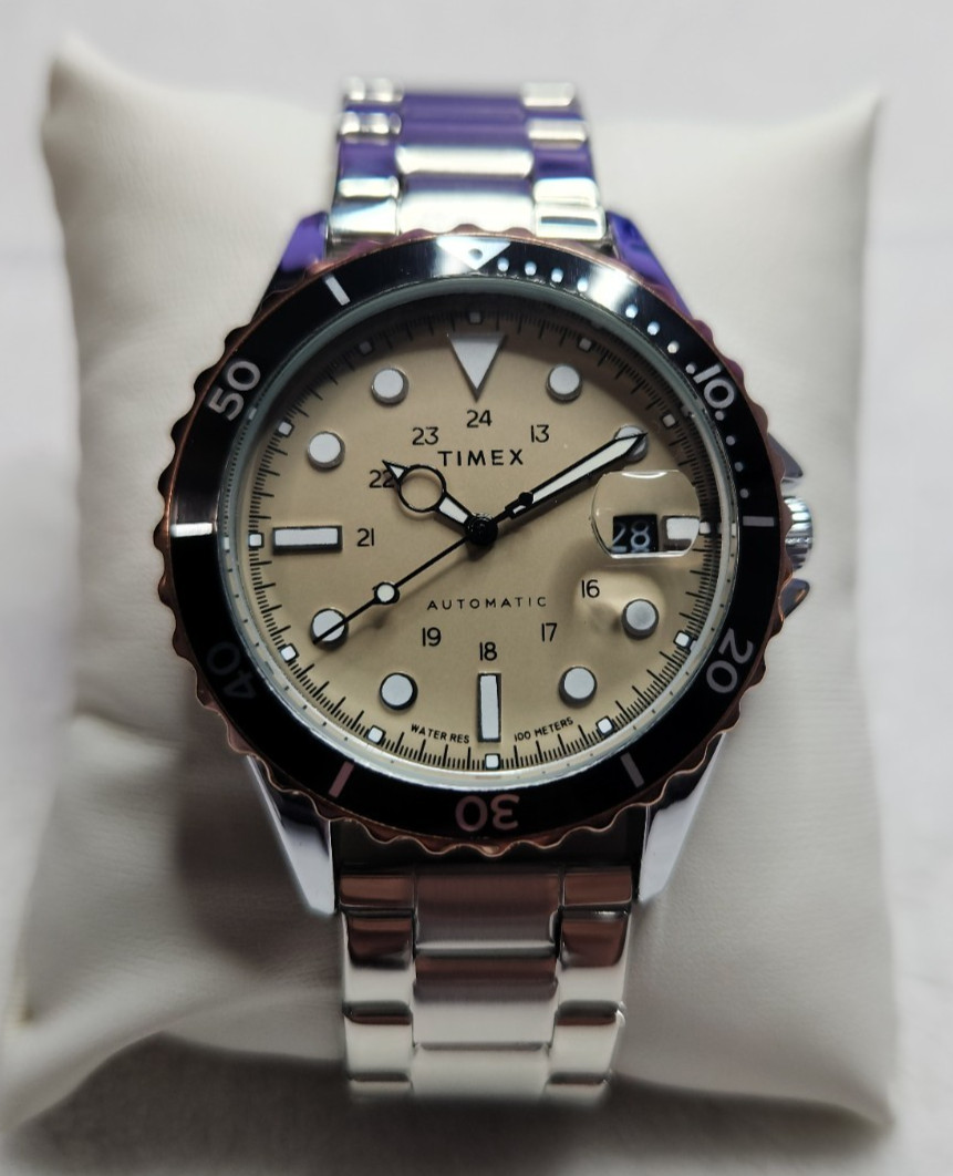 Stunning Timex Automatic Dive Watch 41mm Tan Dial Rotating Bezel Glass Caseback