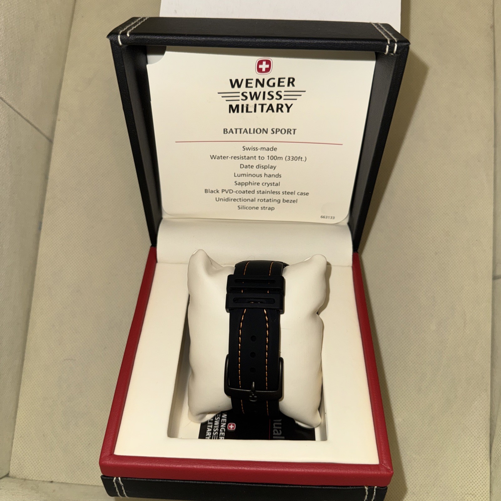 Wenger Swiss Military Swiss Watch – 43mm sunburst black dial, orange accents