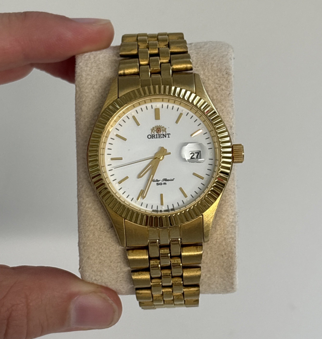 Rare Orient President Automatic Date White Dial Baton Index VTG Men’s Watch