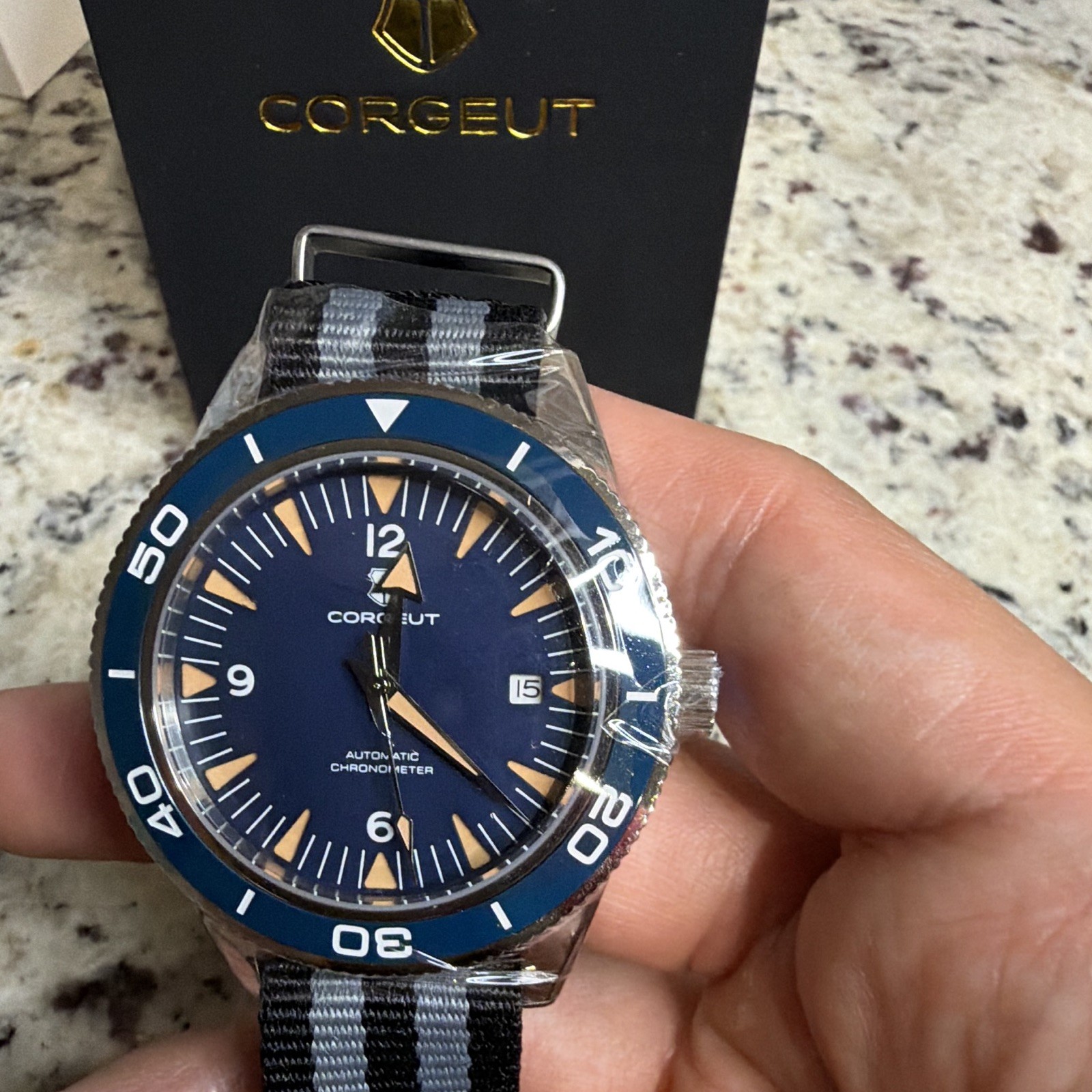 CORGEUT Automatic Diver Watch Blue Dial/Bezel Date Nylon Strap w/ Box