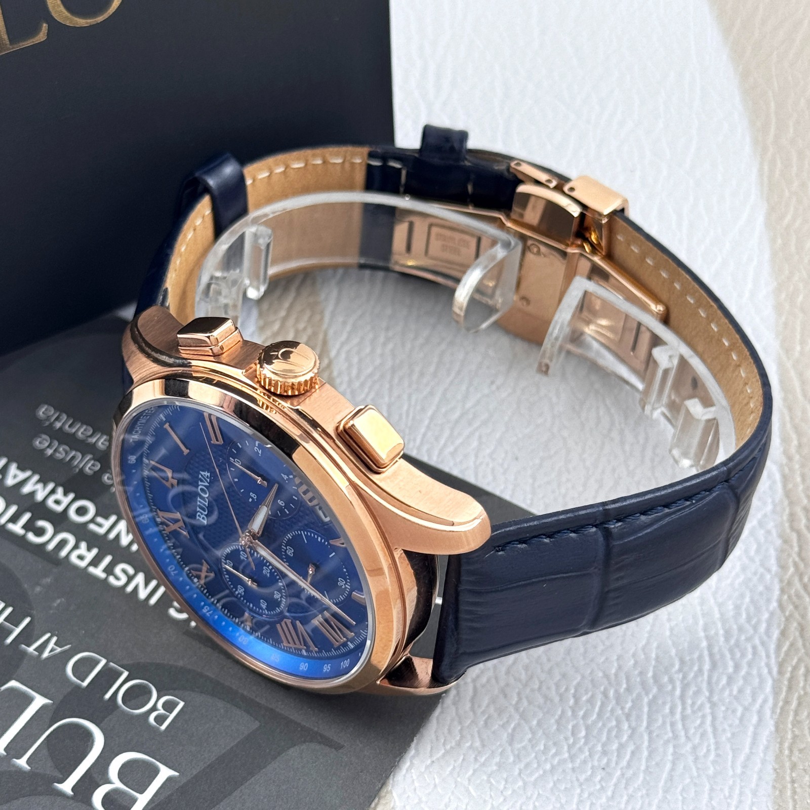 Bulova Men’s Classic Wilton 97B170 Blue Dial Leather Strap Quartz Watch 46.5 mm