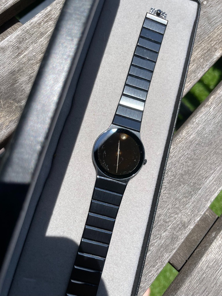1990s Movado Museum Ultra Thin Black PVD Quartz Watch w/ Box, ref. 84-40-880-A