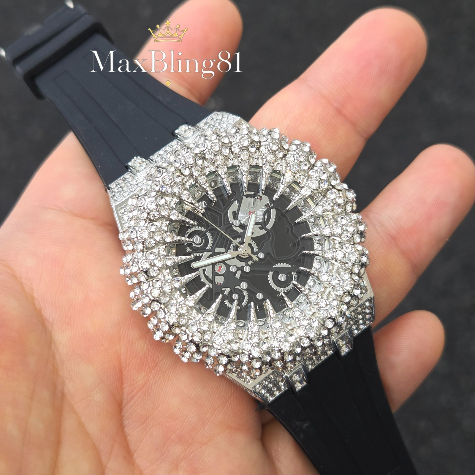Men’s Watch Monster Teeth Design Silicone Band Unique Iced Out CZ Silicone Band