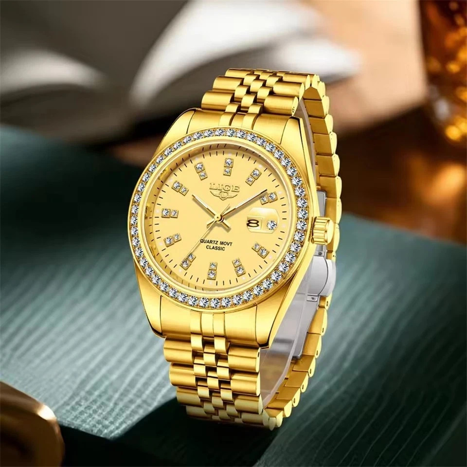 LIGE Men Quartz Watch Full Gold Steel Wristwatch Male Business with Date Watches
