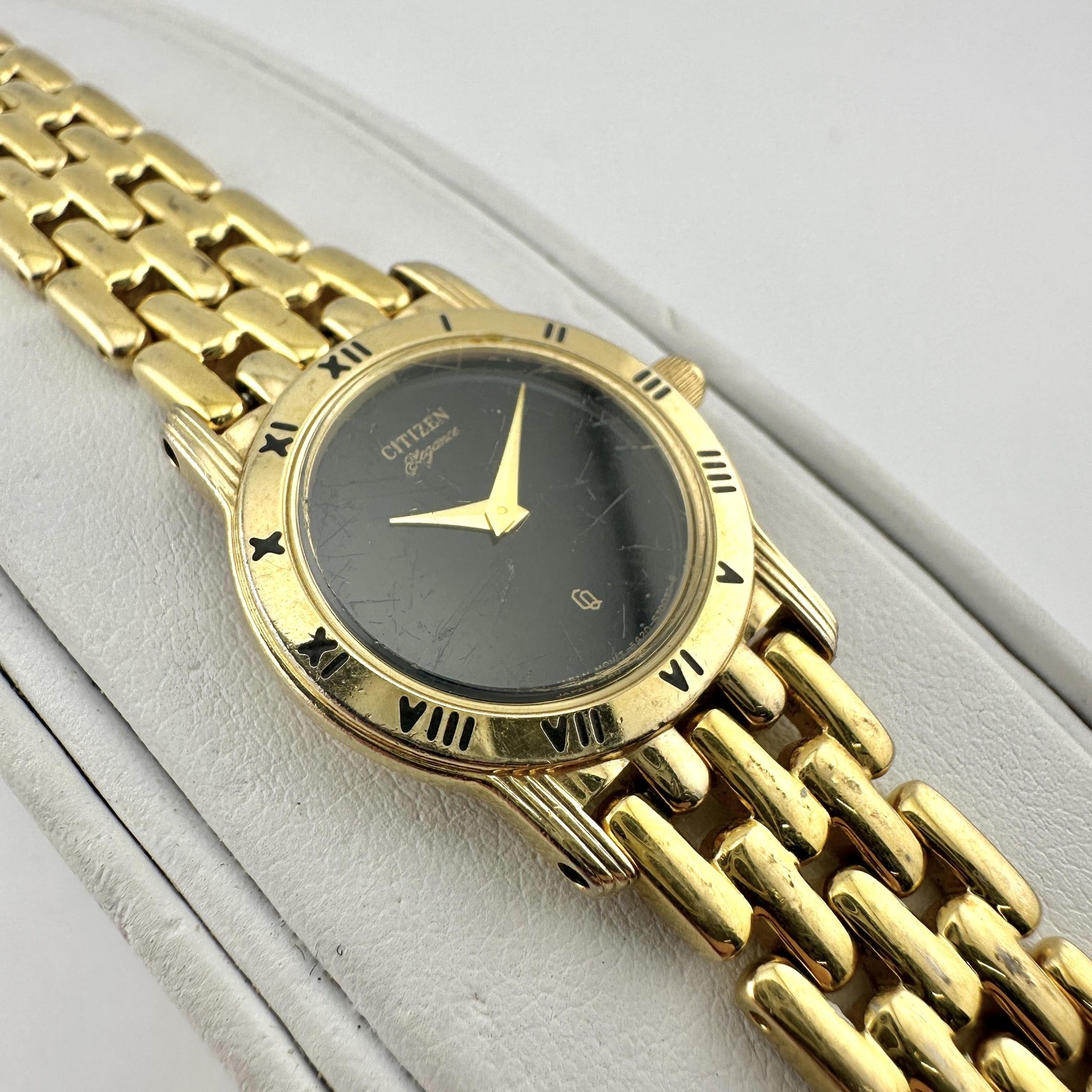 Scratched Citizen Womens Watch 21mm Black Dial Gold Case Bracelet, Size 7.3″