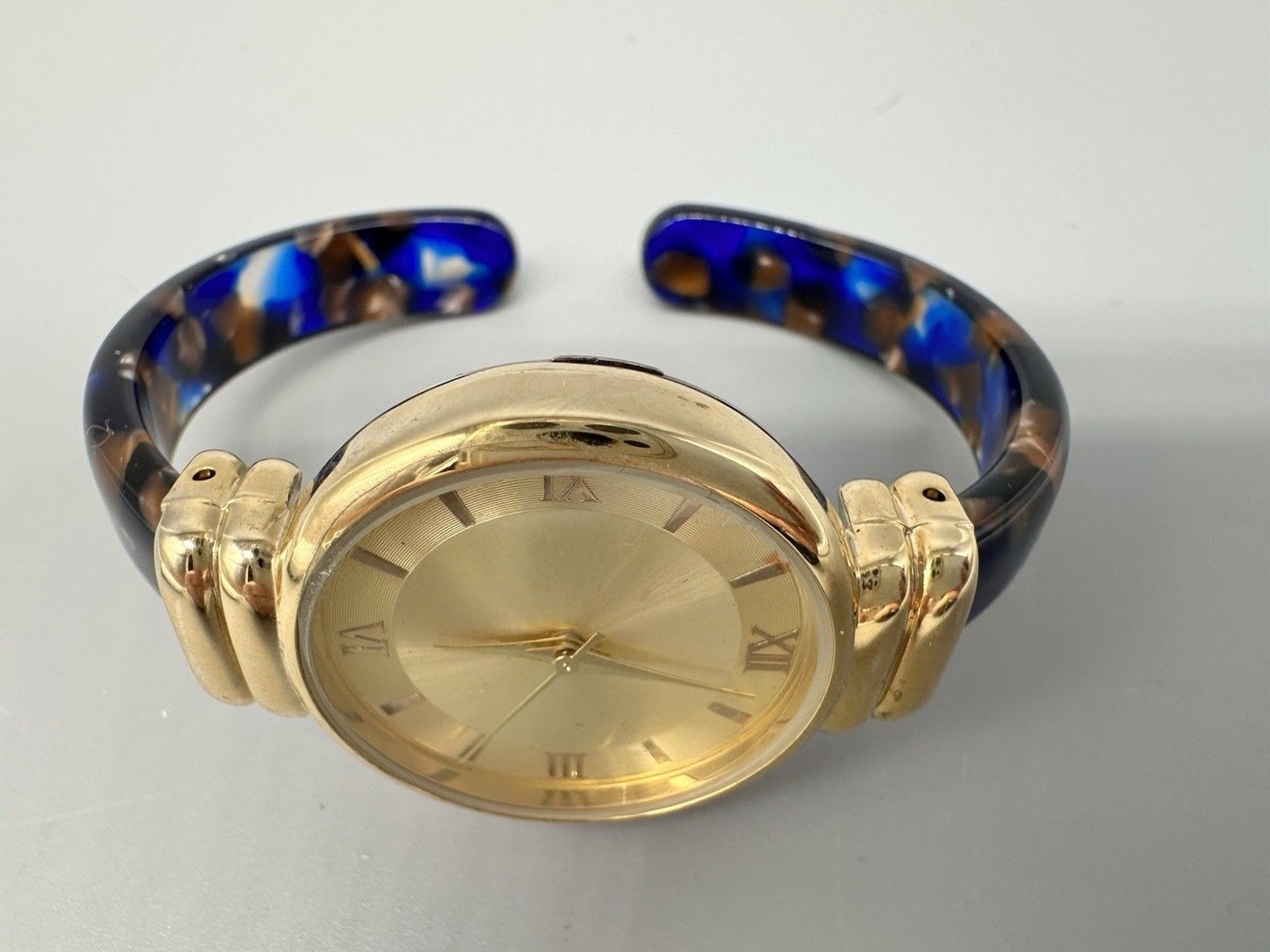 Blue & Brown Mottled Lucite Band Clamp Gold Tone Watch New Battery!