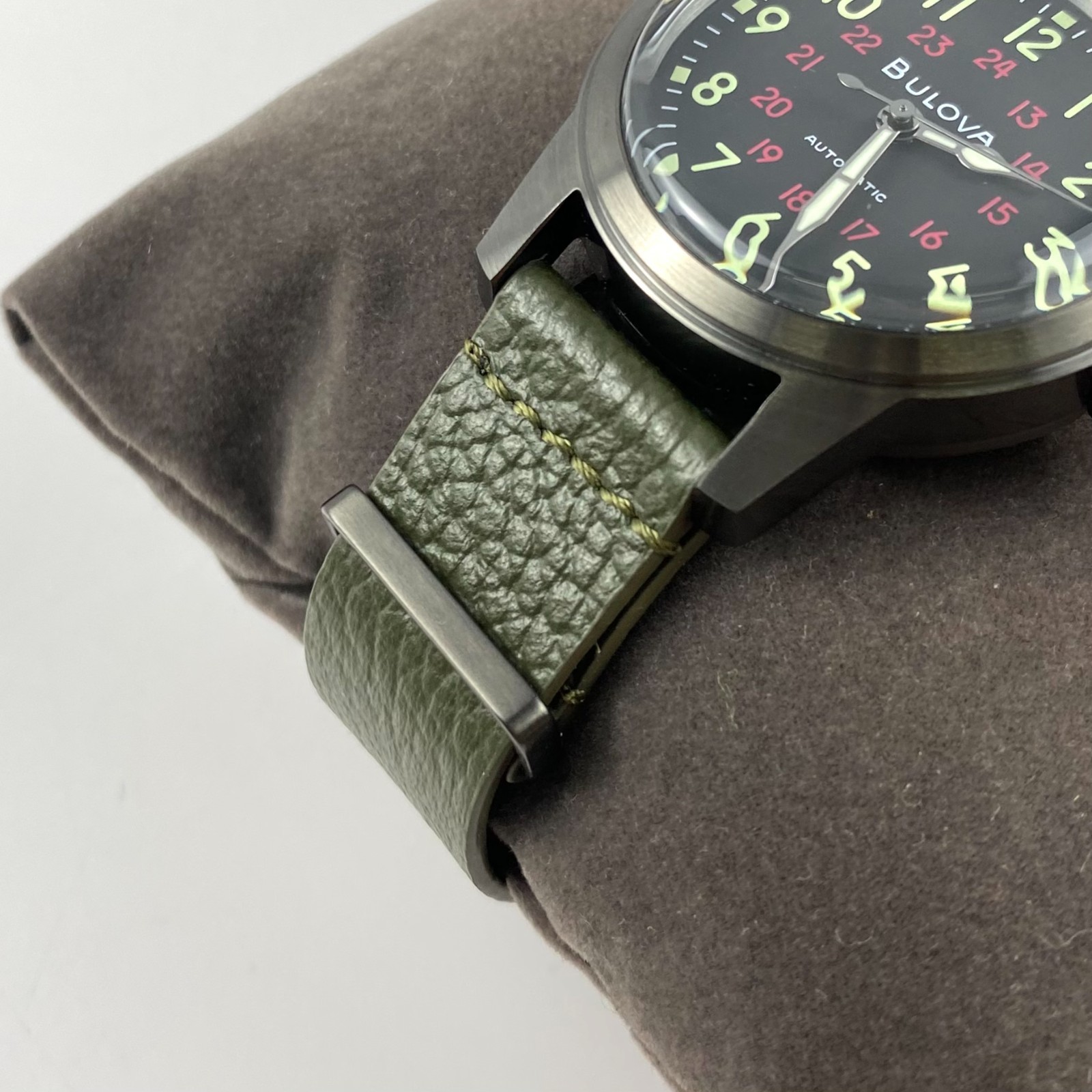 Bulova Hack Men’s 98A255 Military Automatic Black Dial Green Leather Strap Watch