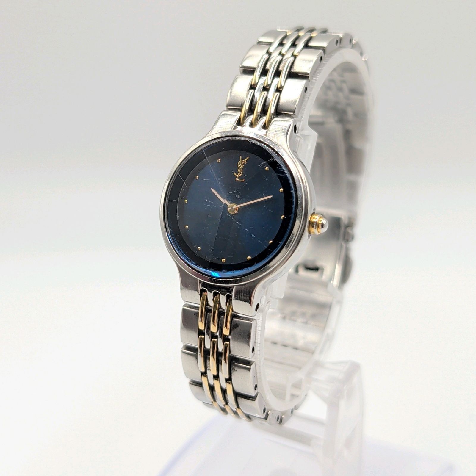 Yves Saint Laurent 5421-H10058 Y Cut Glass Quartz Silver Blue Dial Wristwatch