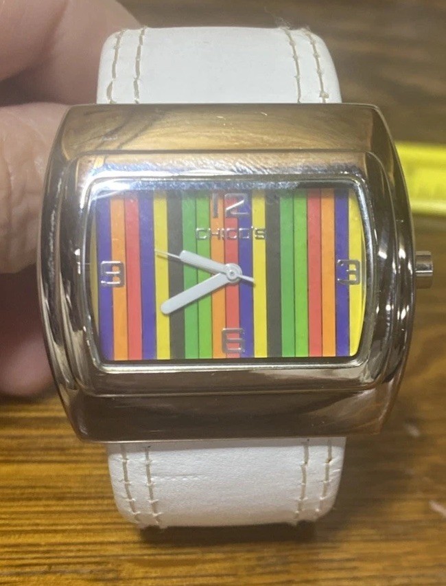 Chico’s Cuff Watch White Band Multicolor Striped Face, Rainbow Face
