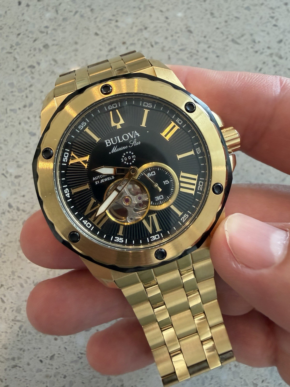 Bulova Marine Star Men’s Automatic 200m 45mm Gold Steel Black Roman Dial