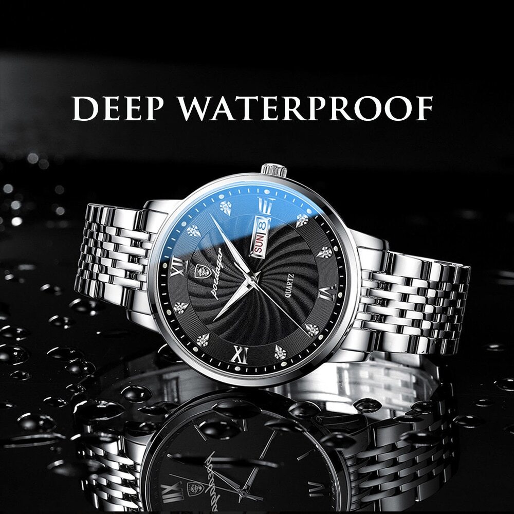 Watch Men Stainless Steel Waterproof Luminous Watches Men Quartz Wristwatch +BOX