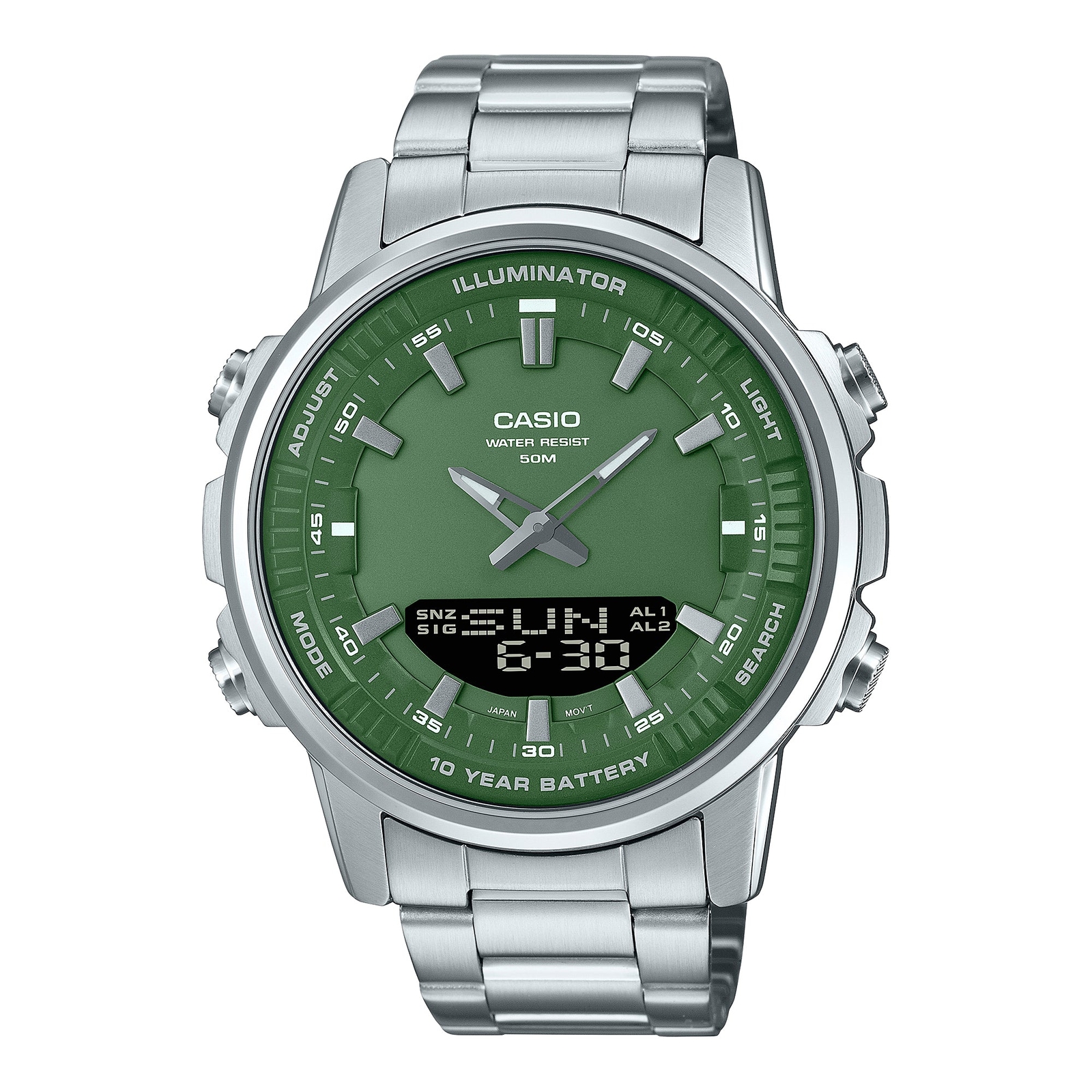Casio Green AMW-880D-3AV 10 years Battery Design Stainless Steel Band Watch