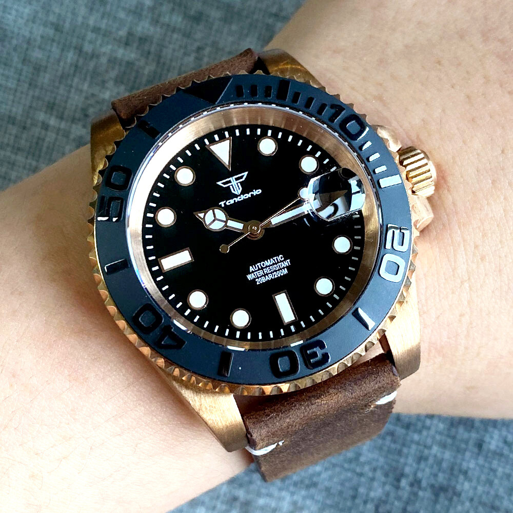CUSN8 Solid Bronze Case 40mm Tandorio Blank Black Dial NH35A Automatic Men Watch