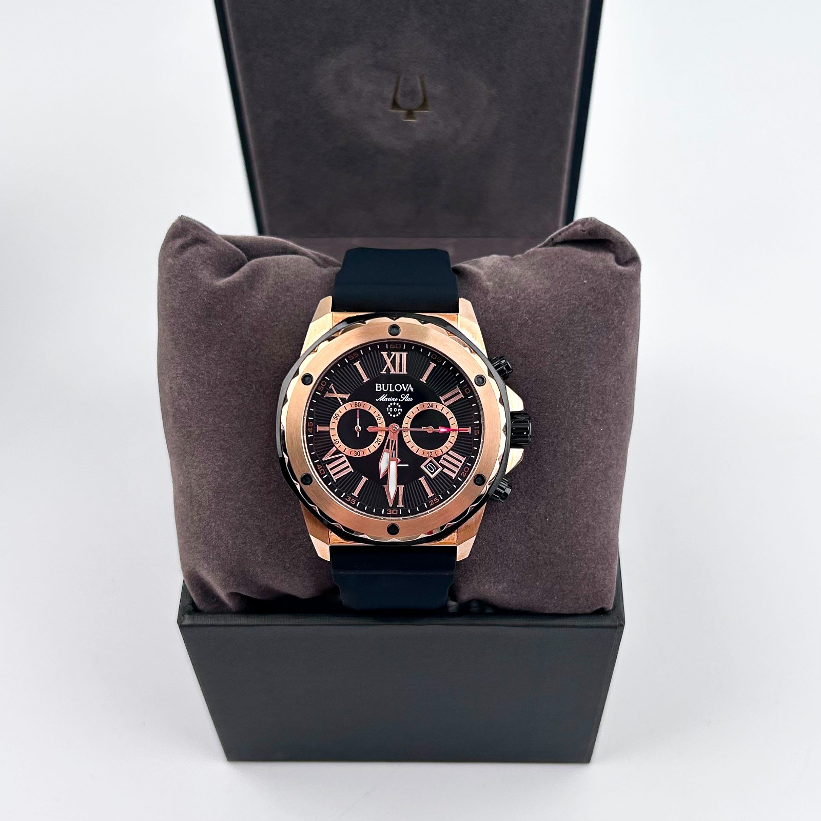 Bulova Marine Star 98B104 Men’s Black Dial Black Rubber Strap Quartz Watch 44mm
