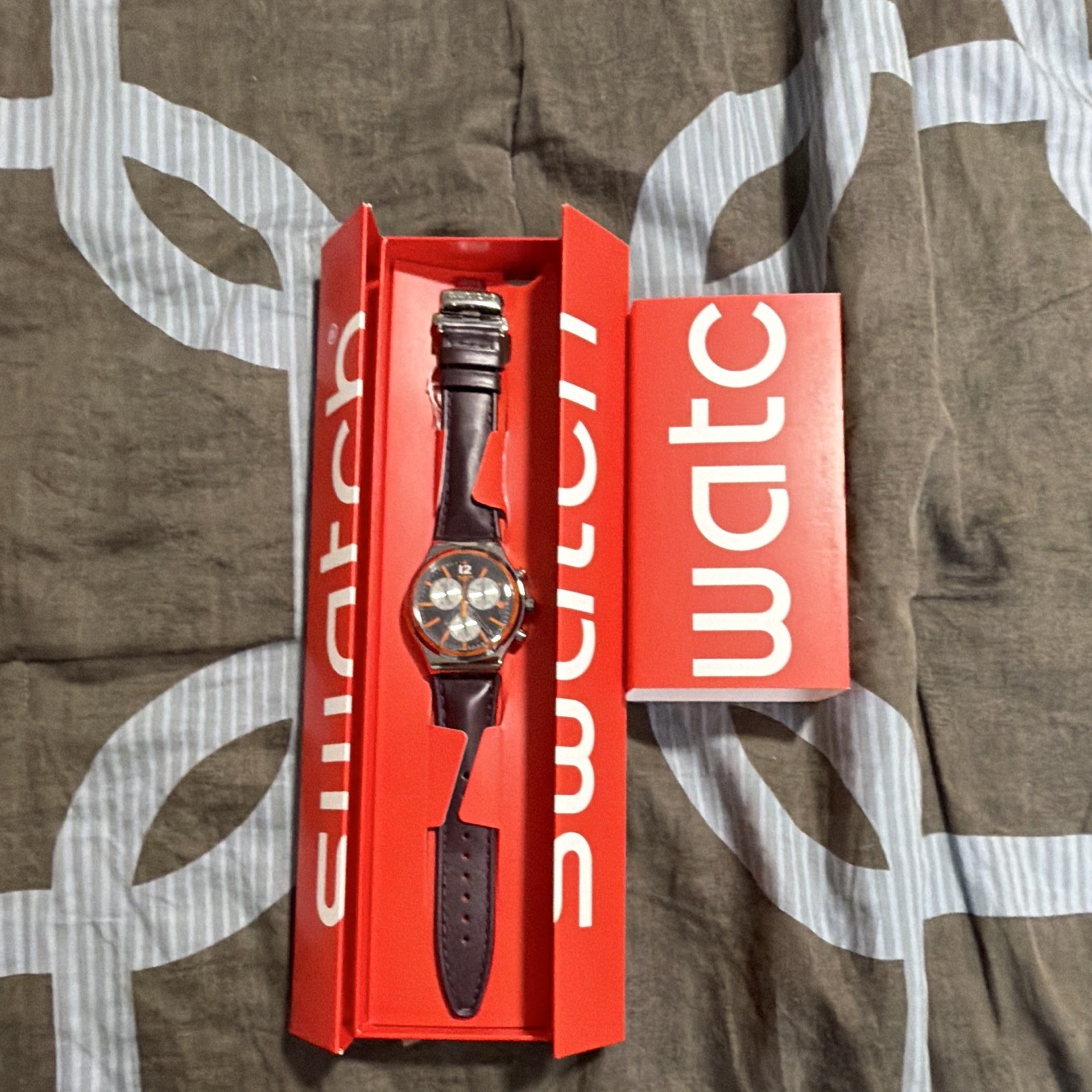 Swatch Irony Chronograph Quartz Watch Black/Orange Dial Brown Leather Strap Box