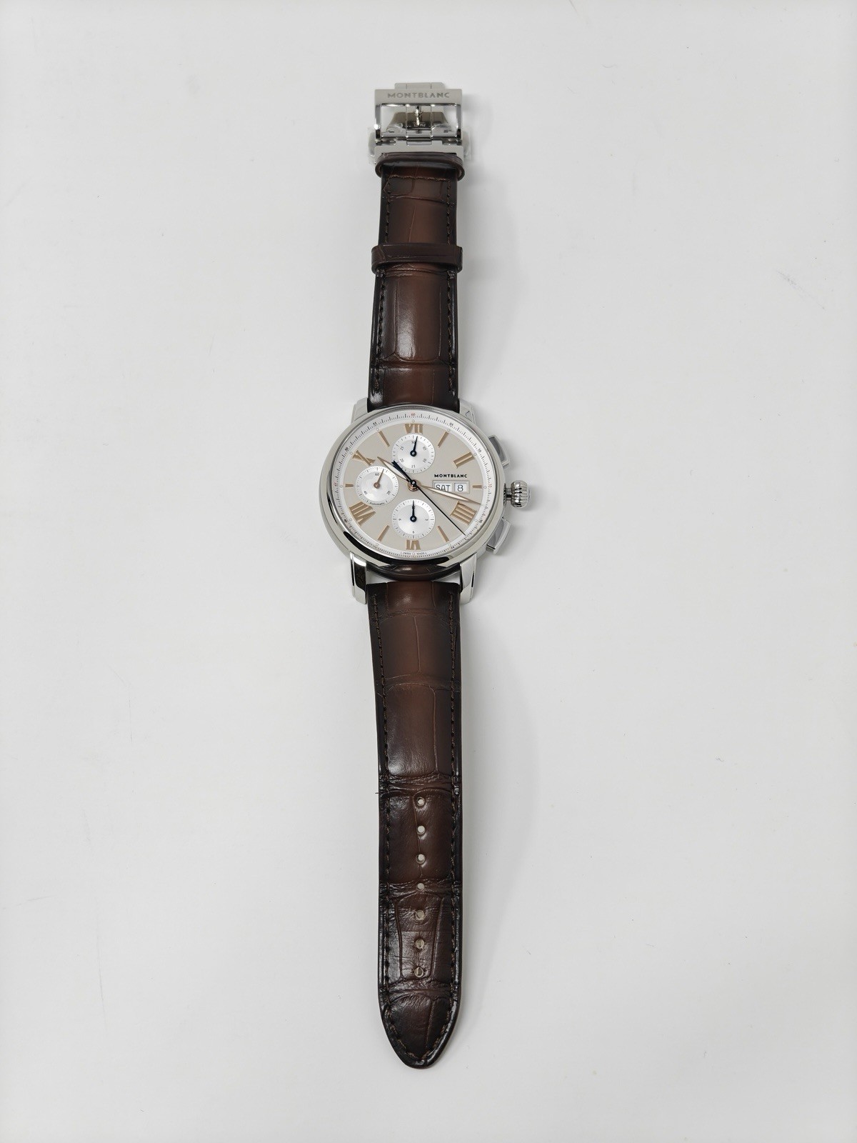MontBlanc Star Legacy Day Date Chronograph Watch Brown Aligator Leather 126080