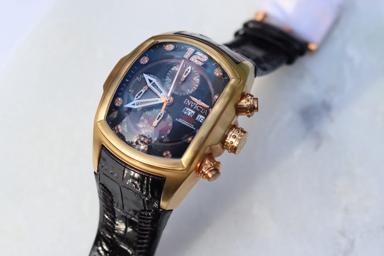 Invicta Lupah 0514 Men Swiss Automatic Chronograph 14K Rose Gold Plated, Diamond