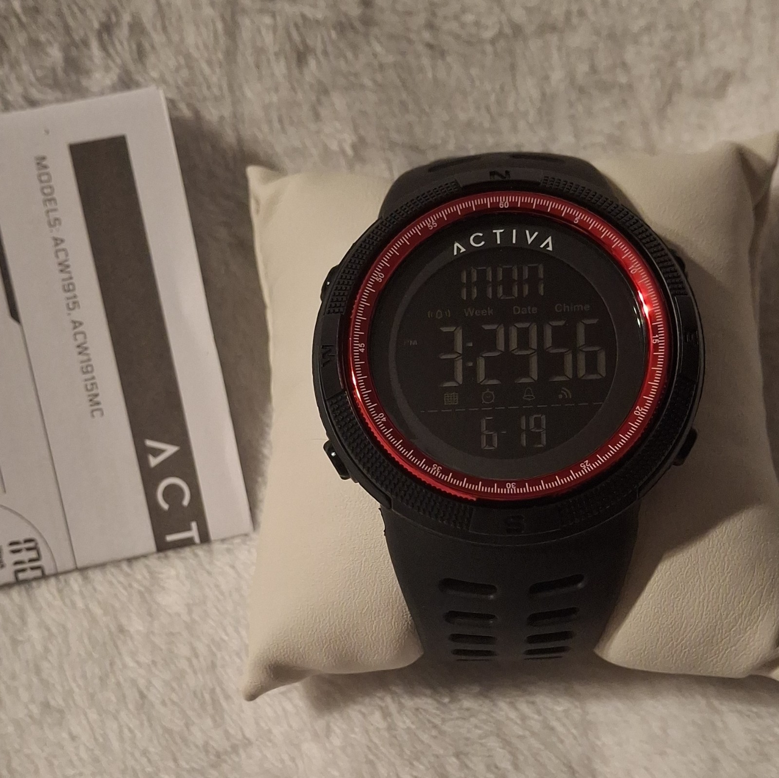 Activa Digital Quartz Sport Wristwatch Black Rubber Strap Red Bezel Box Manual