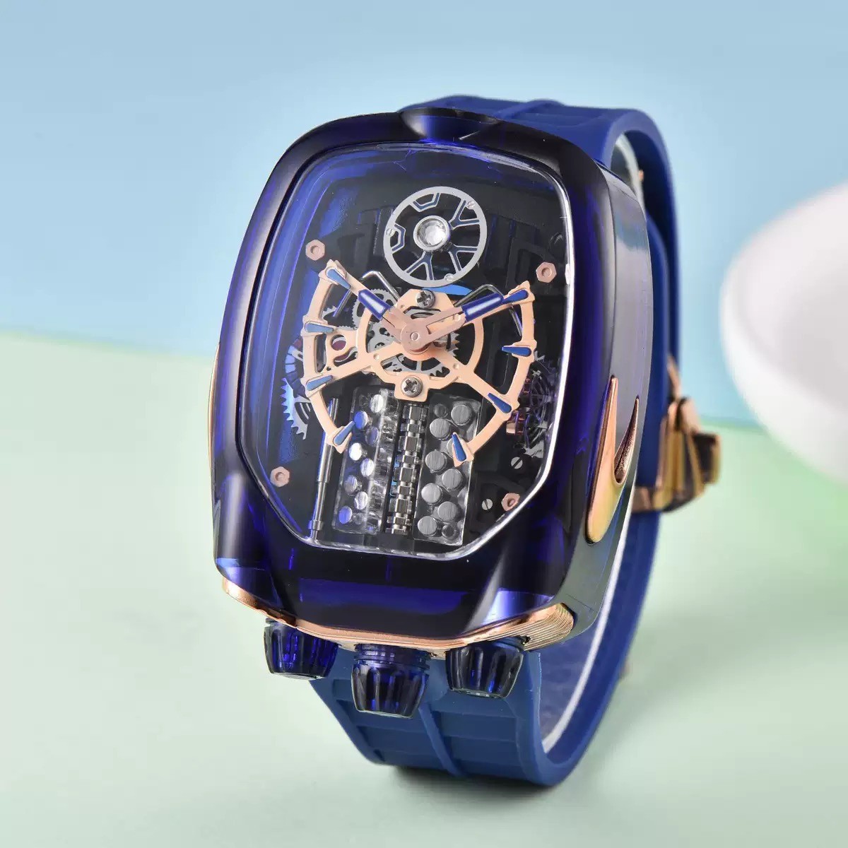 Luxury Tonneau Skeleton Style Men’s Quartz Watch Transparent Case Silicone Strap