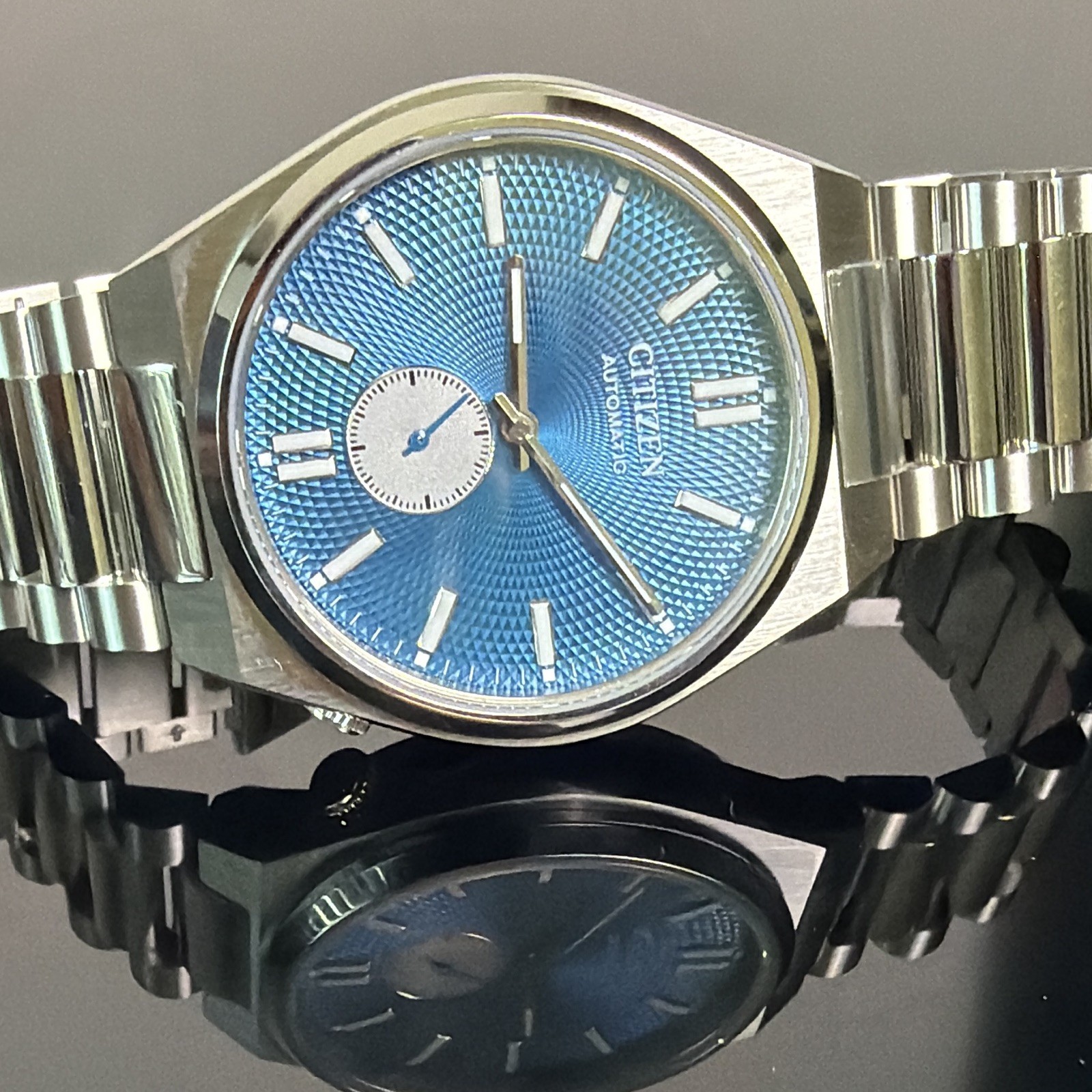 Citizen Automatic Blue Textured Dial 40mm Steel Bracelet 50m Small Sec w/ Box