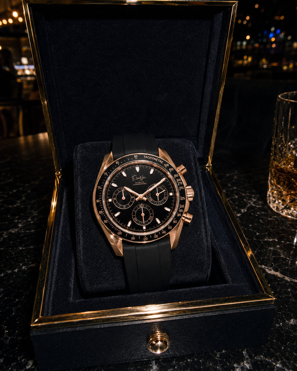 ÉlanNoir Chronograph Watch VK63 Black Dial Rose Case Sapphire Crystal Steel 40mm